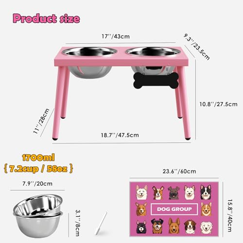 Raised Dog Bowl Stand for Large Medium Dogs (Height-10inch / Pink-L)