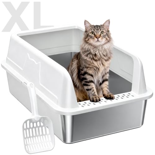 High Sided Stainless Steel XL Cat Litter Box for Cats (White XL)