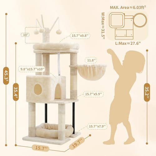 Cat Tree 45.3" Cat Tower for Indoor Cats with Large Perch HCT202SM (45.3 inch / Beige)