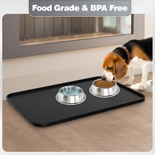 Silicone Dog Cat Food Mat Extra Thick Raised Edge (Black / 28"L x 18"W)