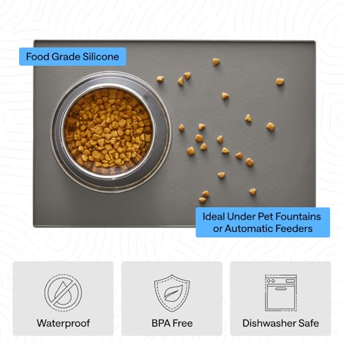 Dog Food Mat 100% Waterproof Silicone (Gray / 23"l X 15"w)