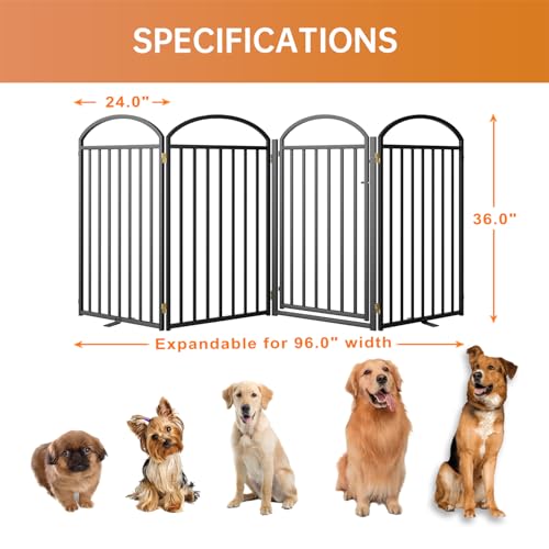 4 Panels Full Matel Freestanding Dog Gates with Door (【4 Panels with Door】96"W*36H" / Black)