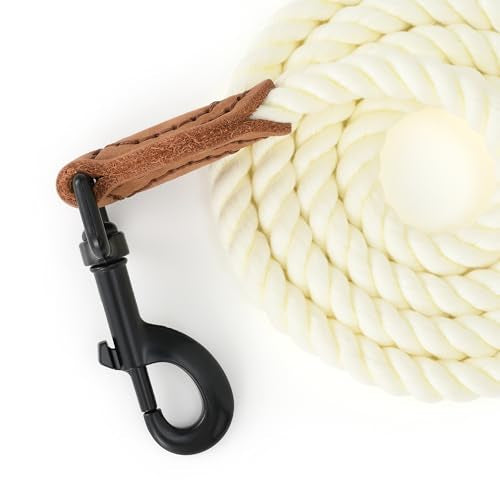 Dog Leash Braided Cotton Rope with Leather (Cream White / 72 Inch-1/2")