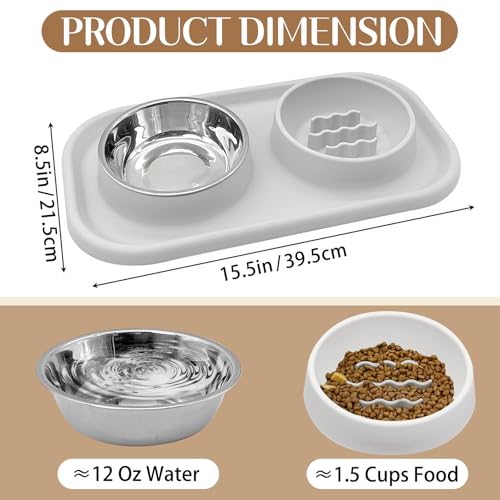 Dog Bowls Set with Feeding Mat Double Puppy Food and Water Bowl Grey (Grey)