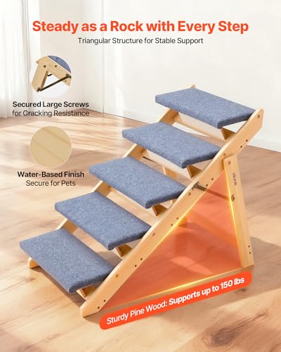 Wood Pet Stairs (Wood Color+Blue / 5-Step Foldable)