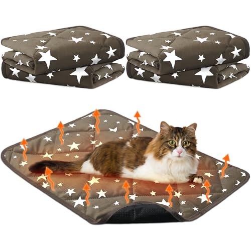 4 Pack Self Warming Cat Bed Self Heating Cat Mat Star Pattern Soft Dog Crate Pad Thermal Pet Mat Anti Slip Kennel Dog Washable Warming Bed for Outdoor Indoor (18 x 24 Inch / Brown)