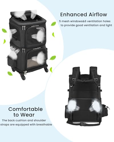 Double Compartment Cat Carrier Backpack with Wheels for Two Pets (14.6"L x 11.2"W x 21.6"H / Black)