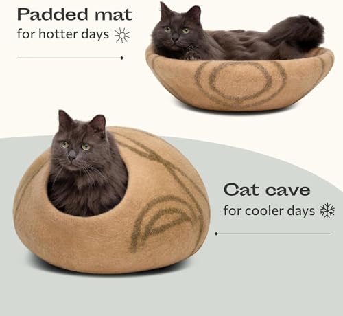 Cat Cave Merino Wool Bed for Indoor Cats (Beige / Large)
