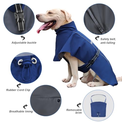 Pet Dog Raincoat Jacket Large Dog Rain Poncho with Transparent Hood (Dark Blue / XL-Fit for 12-18 lbs)