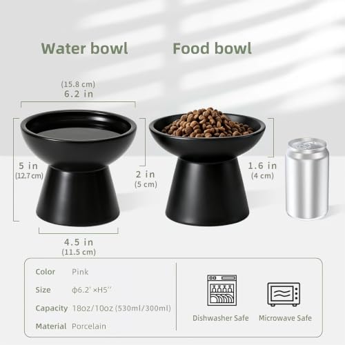2 Pack Elevated Ceramic Cat Bowls Extra Wide for Food & Water (Black)