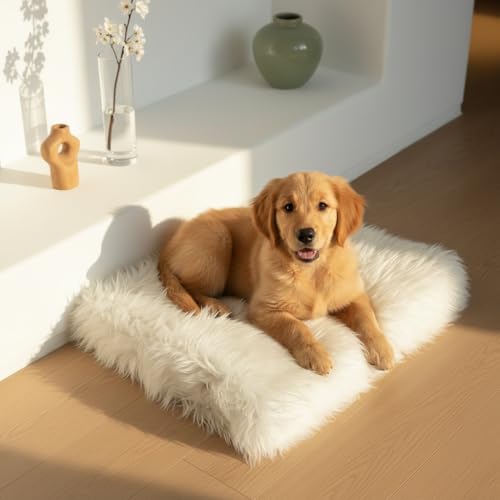 Faux Fur Orthopedic Rectangular Dog Bed (White / Small)