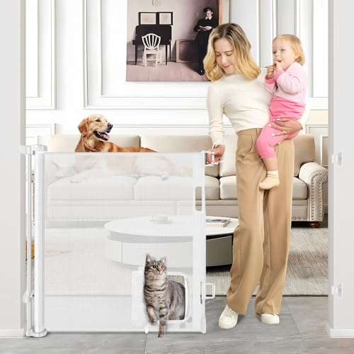 Retractable Baby Gate with Cat Door 55" Wide Retractable Baby Gate for Stairs Mesh Baby Gate with Pet Door Retractable Dog Gate for The House Retractable Pet Gate with Door Safety Gates for Toddlers (White / 33" X 55"（With Cat Door ）)