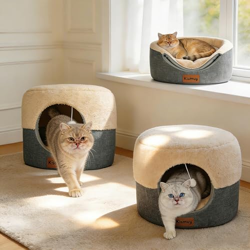 2 Pack 2-in-1 Cat Cave Bed, Cozy Covered Cat Beds for Indoor Cats (Grey)