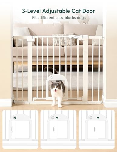 Extra Wide Dog Gate with Small Cat Door (White / 29-55" Wide, 30" Tall)