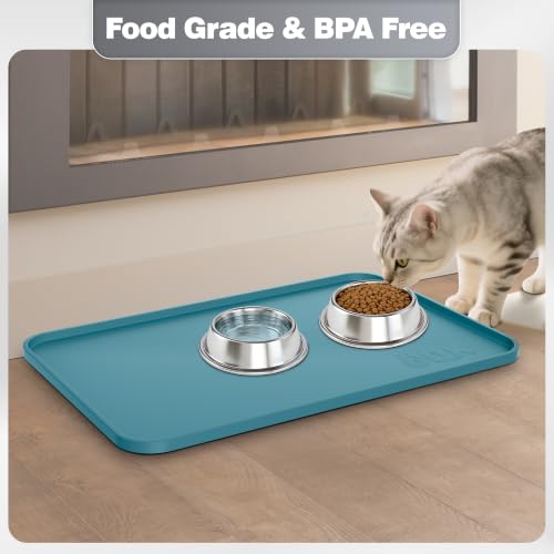 Silicone Dog Cat Food Mat Extra Thick Raised Edge (Slate Blue / 18"L x 12"W)