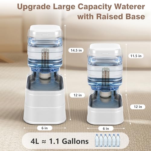 1.1 Gallon Pet Automatic Dog Water Dispenser Cat Gravity Waterer Feeder with Stainless Steel Bowl 8L Large Capacity Puppy Feeding Raised Bowls with Filter (White / 4L(1.1 Gallon))
