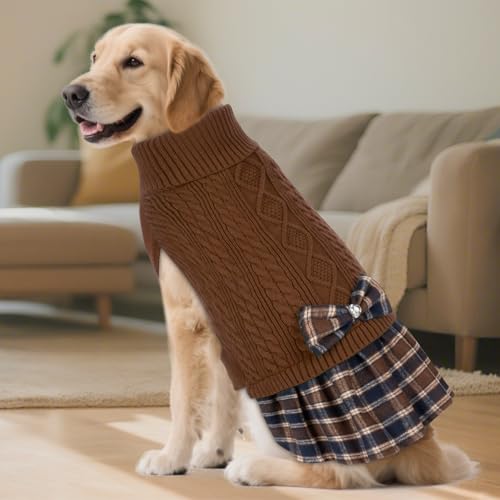 Dog Sweater Dress for Medium Large Dogs Turtleneck Thick Knit (XX-Large (40-70lbs) / 10# Brown)