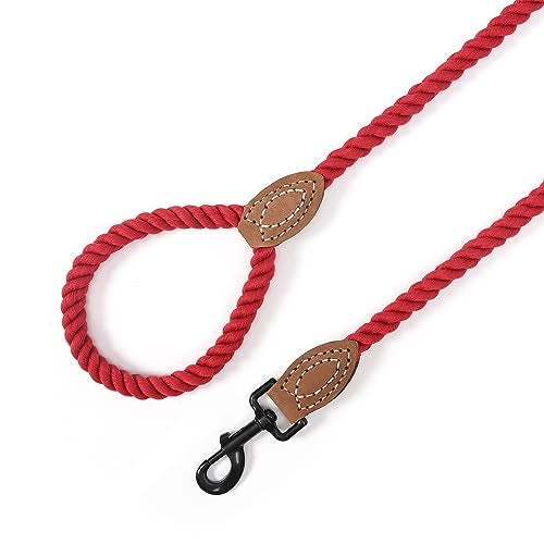 Dog Leash Braided Cotton Rope with Leather (Red / 48 Inch-1/2")