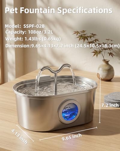 3.2L 108oz Stainless Steel Cat Water Fountain Pet Fountain