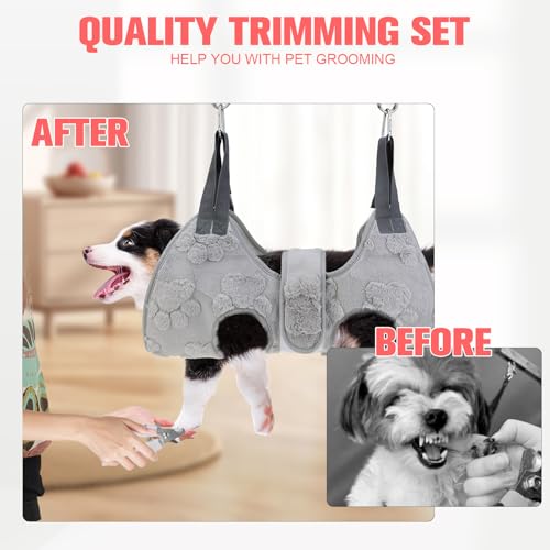 Dog Grooming Hammock Harness for Dogs & Cats with Pet Nail Clipper Trimmer (M / Grey 1)