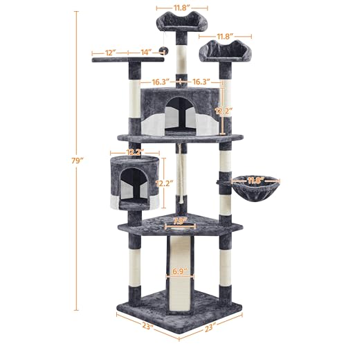 79in Multi Level Cat Tree for Multiple Cats with 9 sisal Posts (Dark Gray and White)