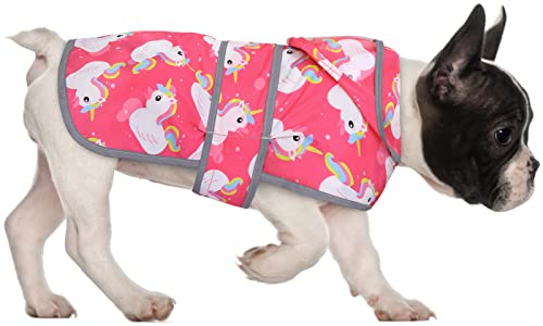 Clear Hooded Dog Raincoat Jacket Poncho with Dog Leash Hole Pink S (Small / Unicorn Ducks Pink)
