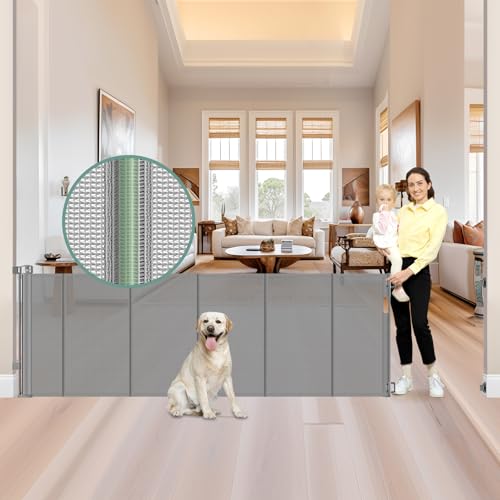 Reinforced 159 Inch Extra Wide Retractable Dog Gate with Support Rods (Gray / 37" Tall x 159" Wide（ With Reinforced Bar ）)