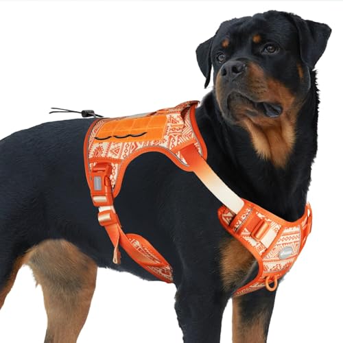 Tactical Dog Harness for Large Dogs (Tribal Patterns-Orange / XL(Neck:20-31",Chest:26-42"),75-135 lbs)