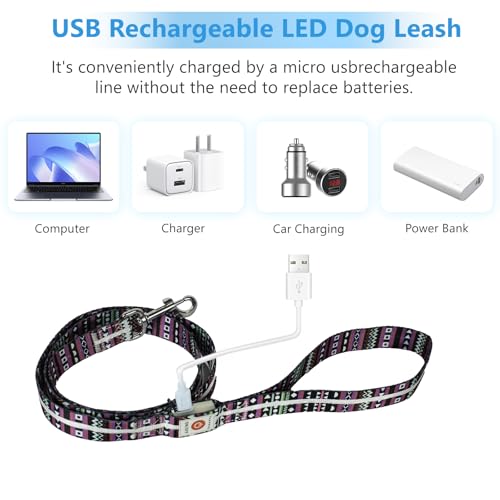 Light up Dog Leash USB Rechargeable for Small Medium Large Dogs (Bohemian purple / L59in/W1in)