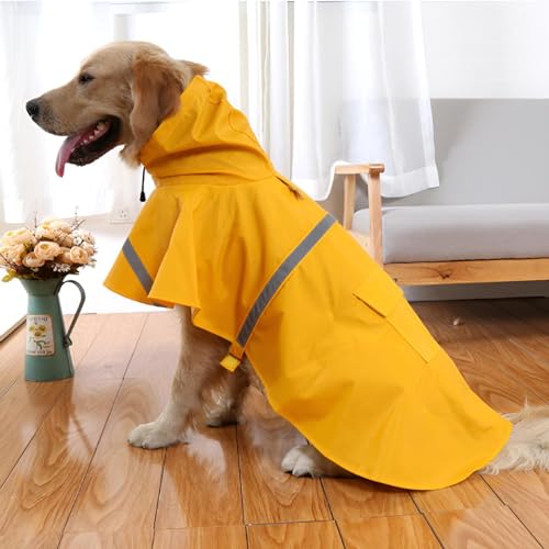 Large Dog Raincoat Adjustable Pet Water Proof Clothes Lightweight Rain Jacket Poncho Hoodies with Strip Reflective (X-Large (Pack of 1) / Yellow)