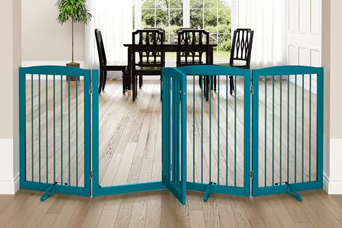 Freestanding Dog Gates with Door Walk Through (4 Panel 32" / Blue)