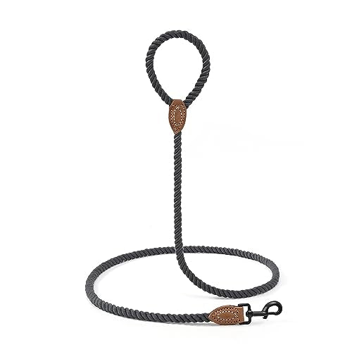 Dog Leash Braided Cotton Rope with Leather (Dark Grey / 60 Inch-1/2")