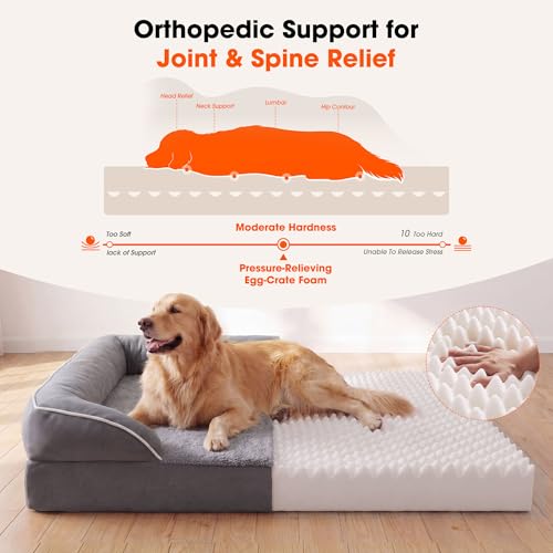 Waterproof Orthopedic Dog Bed for Extra Large Dogs with Bolster (Grey / XL (42"x30" - 4" Thick))