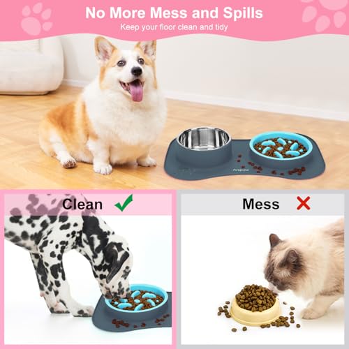 Slow Feeder Dog Bowls 3 in 1 Stainless Steel Food Water Bowl to Slow Eating (Small ＆ Medium Breed / Light Grey)