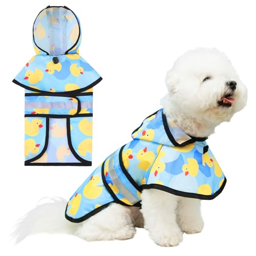 Dog Raincoat Hooded Slicker Poncho with Leash Hole (S:10-15lbs / Cute Duck)