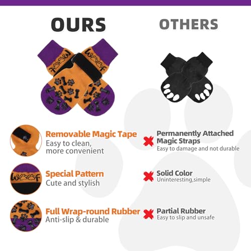 Anti Slip Halloween Dog Socks to Prevent Licking Paws (Orange&purple With Woof / Large (4 Pack))