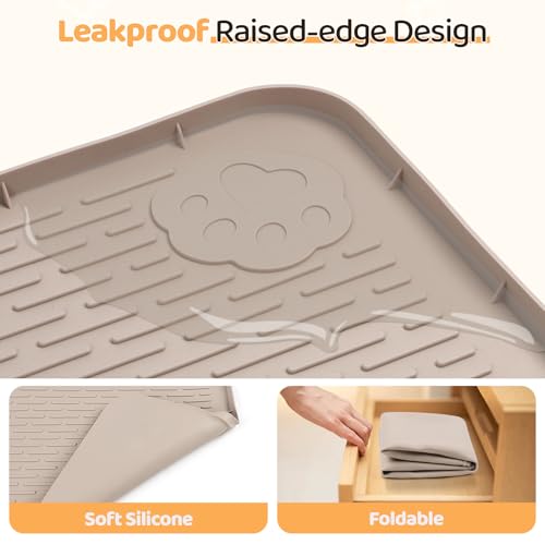 Dog Food Mat 40''x28'' Extra Large Dog Mat for Food and Water (40"L x 28"W / Khaki)