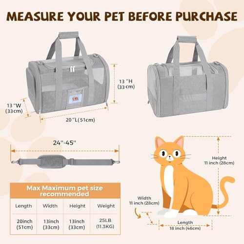 Large Soft Cat Carrier Up to 28 Lbs (Gray / 13.0"L x 13.0"W x 20.0"H)
