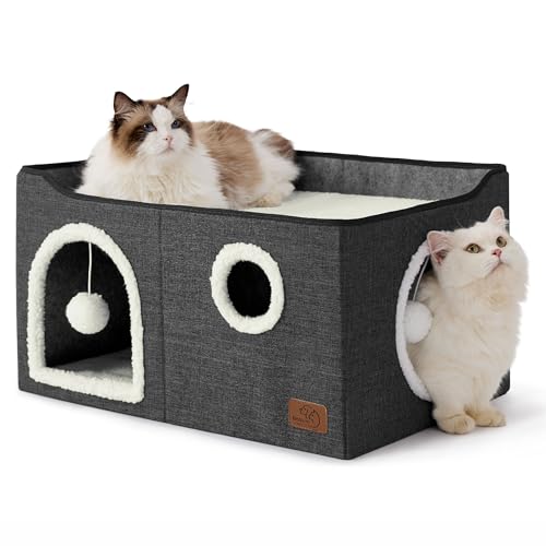 Extra Wide Cat House Bed with Fluffy Ball and Scratch Pad (Dark Grey / Widen)