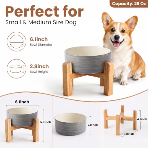 Elevated Ceramic Dog Bowl with Bamboo Stand (White Gray / 3.6Cup)
