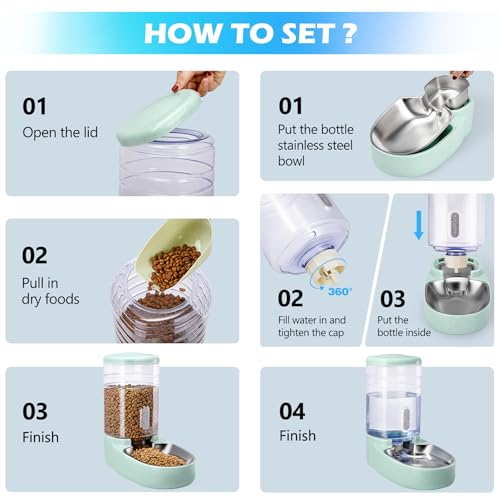 Automatic Cat Feeder and Water Dispenser with Stainless Steel Bowl Gravity Food Feeder and Waterer Set for Small Medium Dog Puppy Kitten 1 Gallon x 2 (Stainless Steel-Green)