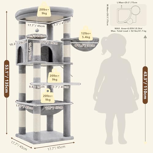 53.1" Corner Cat Tree for Large Cats (53 inch / Light Gray)