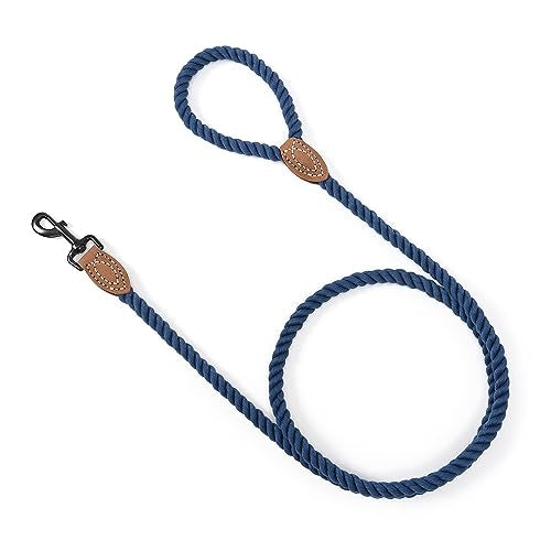 Dog Leash Braided Cotton Rope with Leather (Navy / 60 Inch-1/2")
