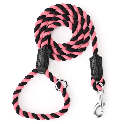 Rainbow Dog Leash Braided Cotton Rope w Leather (Black/Pink / 48 Inch-1/2")