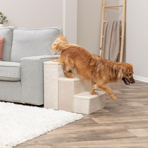 3 Step Velour Pet Stairs for Small Dogs & Cats (Beige / 15" W x 17.7" H)