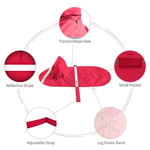 Large Dog Raincoat Adjustable Pet Water Proof Clothes Lightweight Rain Jacket Poncho Hoodies with Strip Reflective (3X-Large (Pack of 1) / Red)