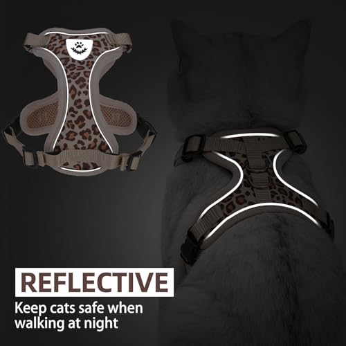 Cat Harness and Leash Set Escape Proof Reflective Cat Walking Harness Adjustable Soft Breathable Mesh Vest for Small Pets (M (NECK 11"-13.7", CHEST 16"-20") / Khaki Leopard Print)