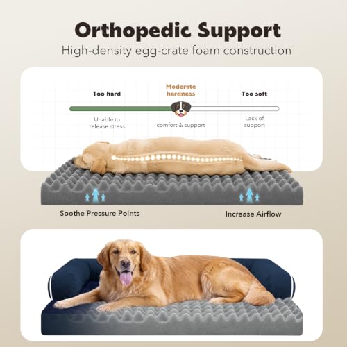 Orthopedic Washable Dog Bed with Bolster for Large Sized Dogs (38.0"L x 25.0"W x 6.5"Th / Navy Blue)