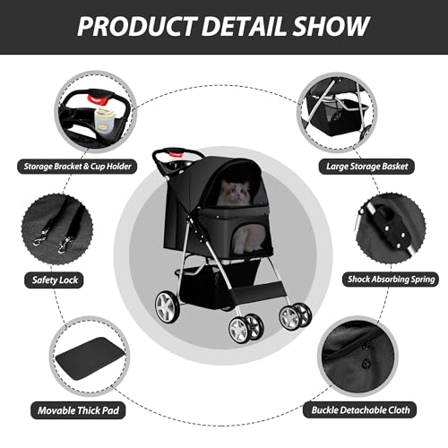 Foldable 4 Wheel Pet Stroller for Dogs Cats 10 (Black)