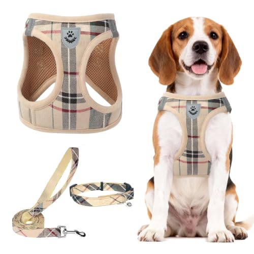 Dog Harness Collar and Leash Set No Pull for Small Medium Sized (Beige / XL (CHEST 20"-22"))